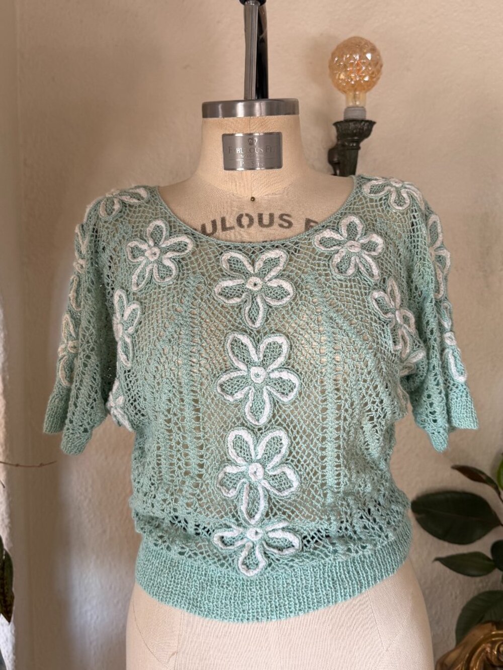 Deadstock Vintage Lim’s Crochet Lace Floral Print Short Sleeve Boho Top VTG